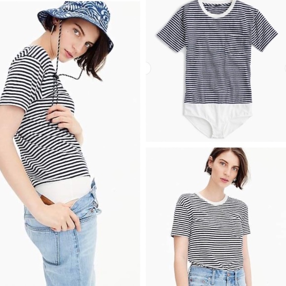 J. Crew Navy and White Striped pocket Short Sleeve bodysuit,size S - Picture 3 of 9